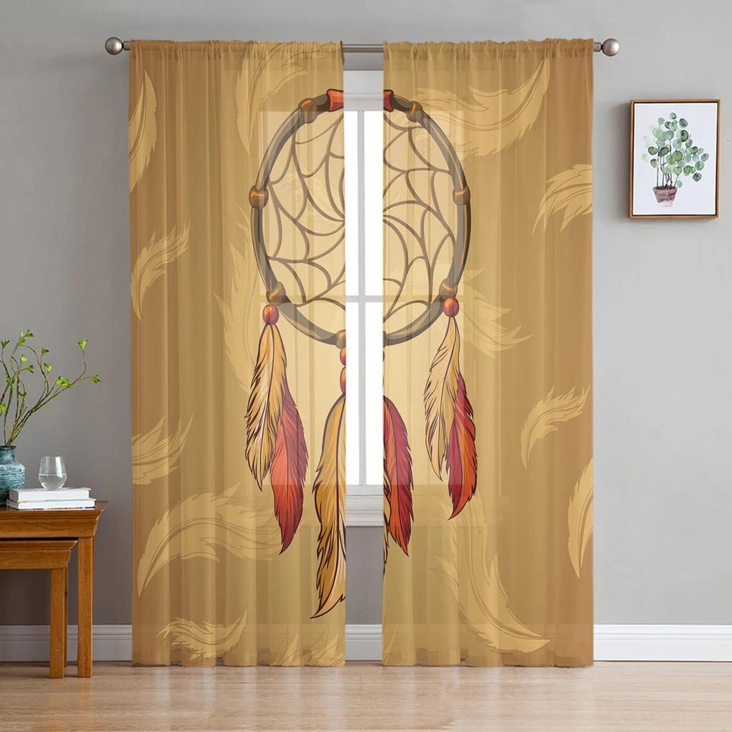 Dream Catcher Watercolor Feather Pattern Modern Tulle Curtains for Living Room Bedroom Home Kitchen Window Sheer Curtains