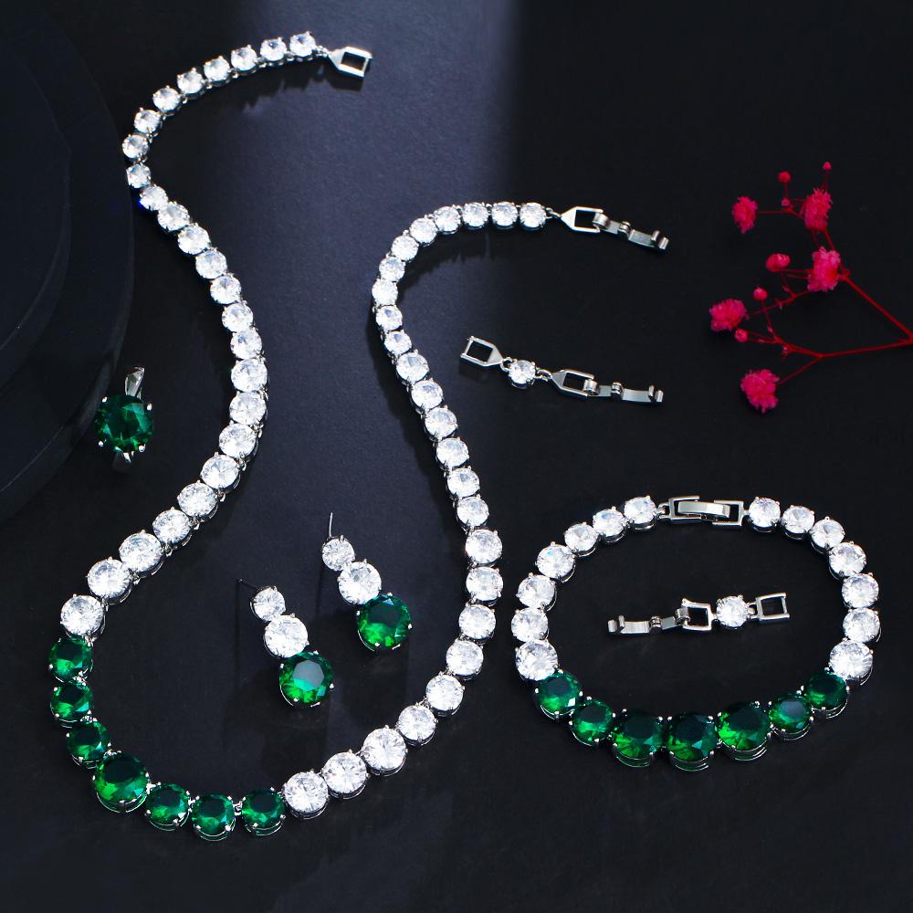 CMM 4PS Роскошный комплект свадебных украшений, ожерелье, кольцо, серьги, браслет, сапфировый цвет/рубиновый цвет, цирконий