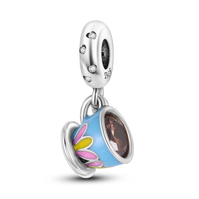 Fit Bracelet Inlaid Zircon Beads Charms 925 Sterling Silver Heart -Shape Colorful Dangle Pendants Bangle Jewelry