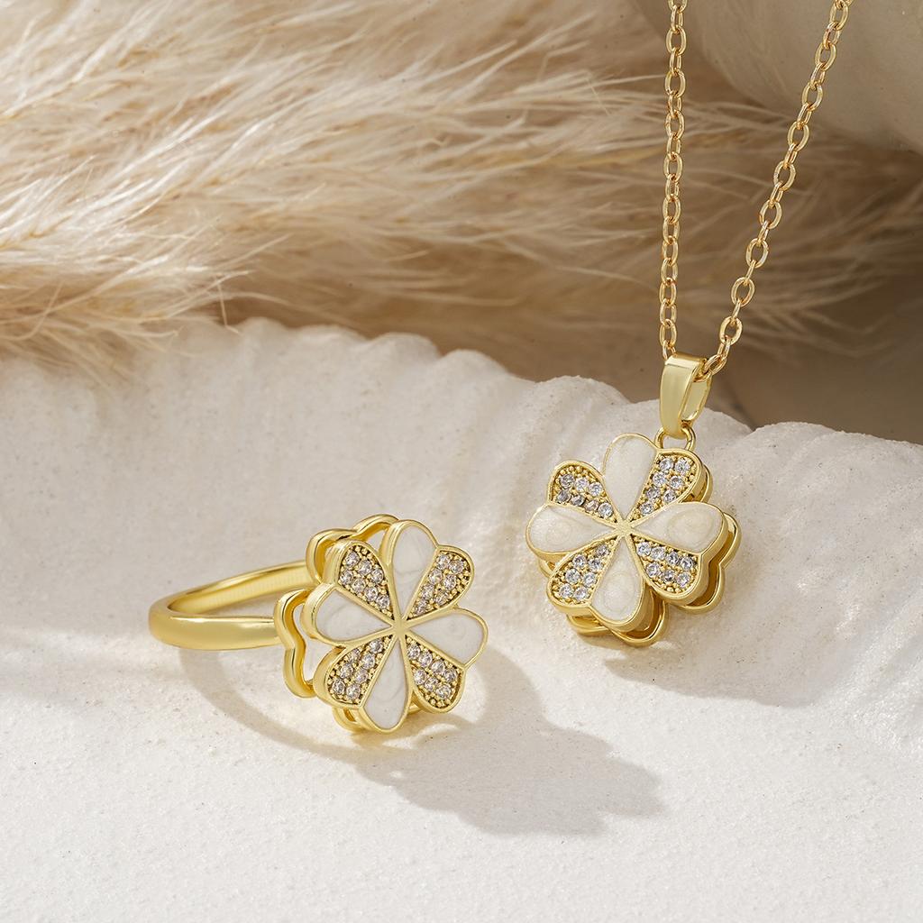 Jewelry Set Rotatable Hollow Four Leaf Clover Necklace Open Ring Micro Zircon