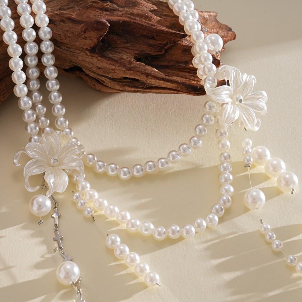 Faux Pearl Lilium Flower Pearl Necklace Multi Layer Stacked Flower Choker Vacation Look