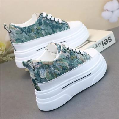 Мода Натуральная кожа 7см Супер Толстая Подошва Платформа Женская Обувь Массивные Кроссовки Ins Женские Вулканизированные туфли Холщовые туфли