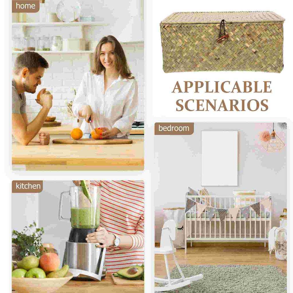 Соломенная корзина с крышкой, плетеная корзина из ротанга, настольная коробка для хранения одежды и всякой всячины для спальни, домашнего декора (L)