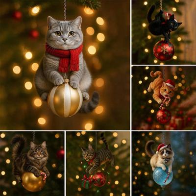 Кошачье Рождественское Украшение Милый Котенок Рождественский Шар Украшение 2D Плоский Подвесной Шарм для Зеркала Заднего Вида Автомобиля для Любителей Кошек