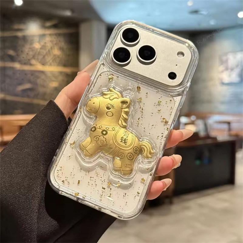Прозрачный блестящий золотой чехол для телефона с лошадью для iPhone 17 Air 16 15 14 13 12 11 Pro Max Plus Ударопрочная защитная крышка