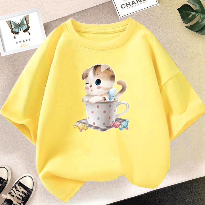 100% хлопок милый кот пьет молочный чай кавайная одежда топы Harajuku смешной мультфильм короткий рукав футболка