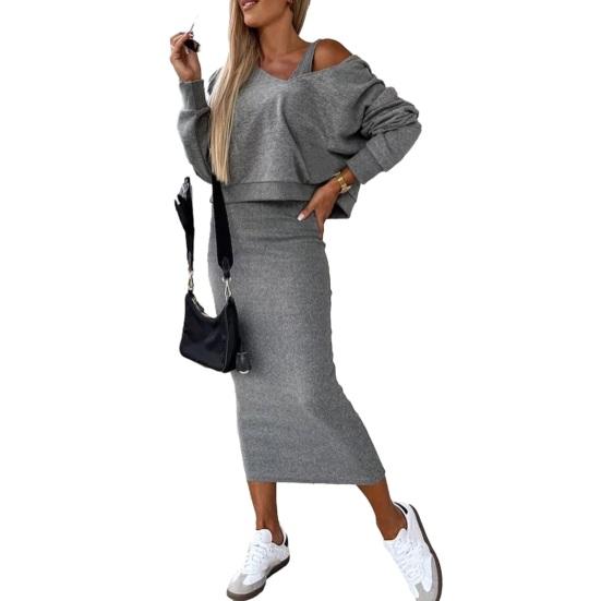 Solid Color Casual Outfit V-neck Sleeveless Bodycon Vest Dress Hooded Long Sleeve Pullover Sweatshirt Set