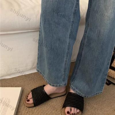 Женские сандалии 2025 Лето Винтажное плетение Одно слово Шлепанцы на плоской подошве Уличные Легкие Удобные Мягкая подошва Повседневная обувь