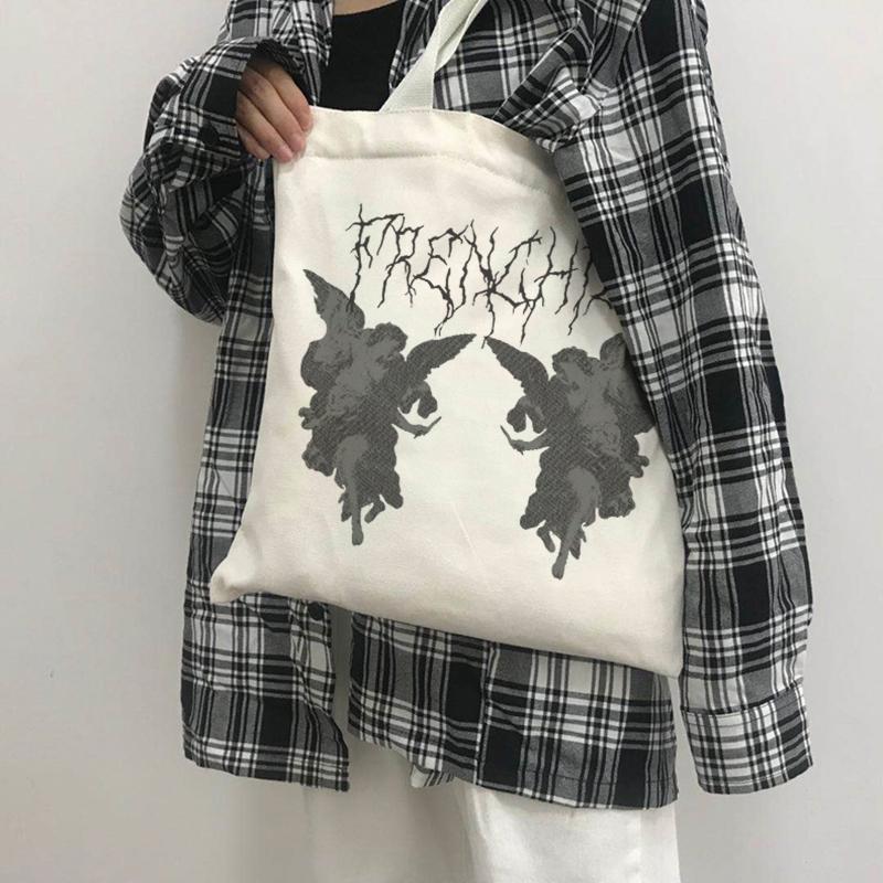 Готическая холщовая сумка с принтом ангела в стиле панк, повседневная забавная сумка-шоппер в стиле Харадзюку, темная уличная женская сумка на плечо в стиле хип-хоп