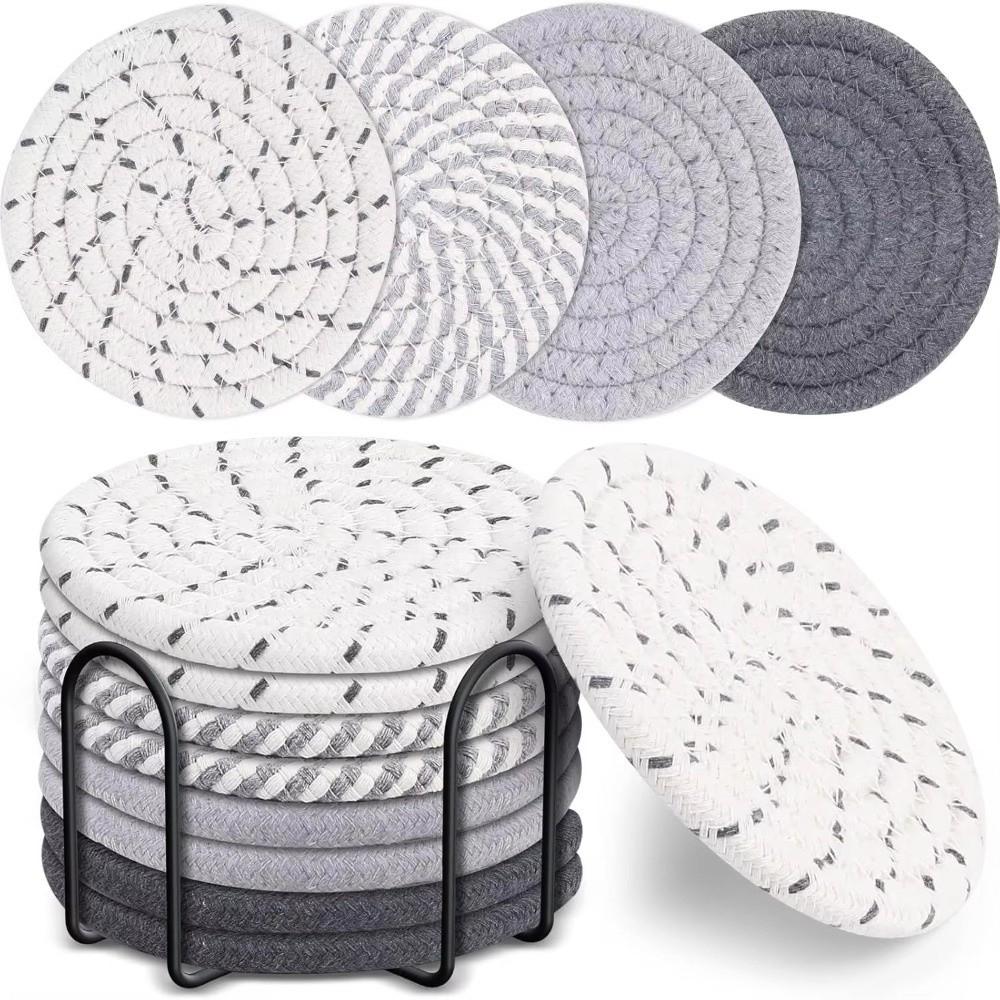 8Pcs Boho Style Cotton Woven Coasters Set Absorbent Eco-Friendly Potholders Set Thickened Hot Pot Holders Cooking