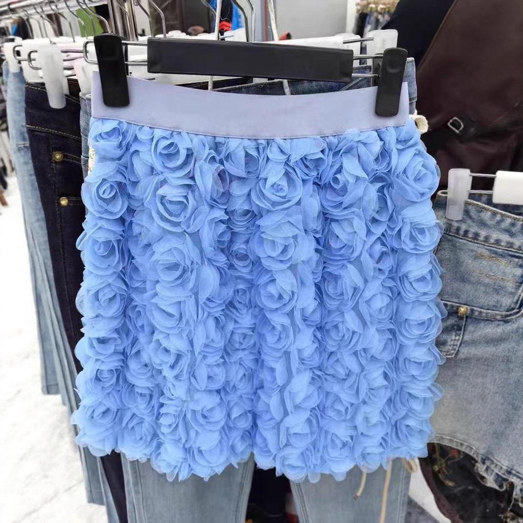 Женская европейская и американская A-силуэтная юбка с 3D-розами: Элегантная короткая юбка для похудения