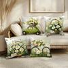 4Pcs Pillowcase Set, Pastoral Fresh Style, Green Tone, Daisy Theme, Wicker Basket, Butterfly, Vintage Green Car, Bicycle, Straw
