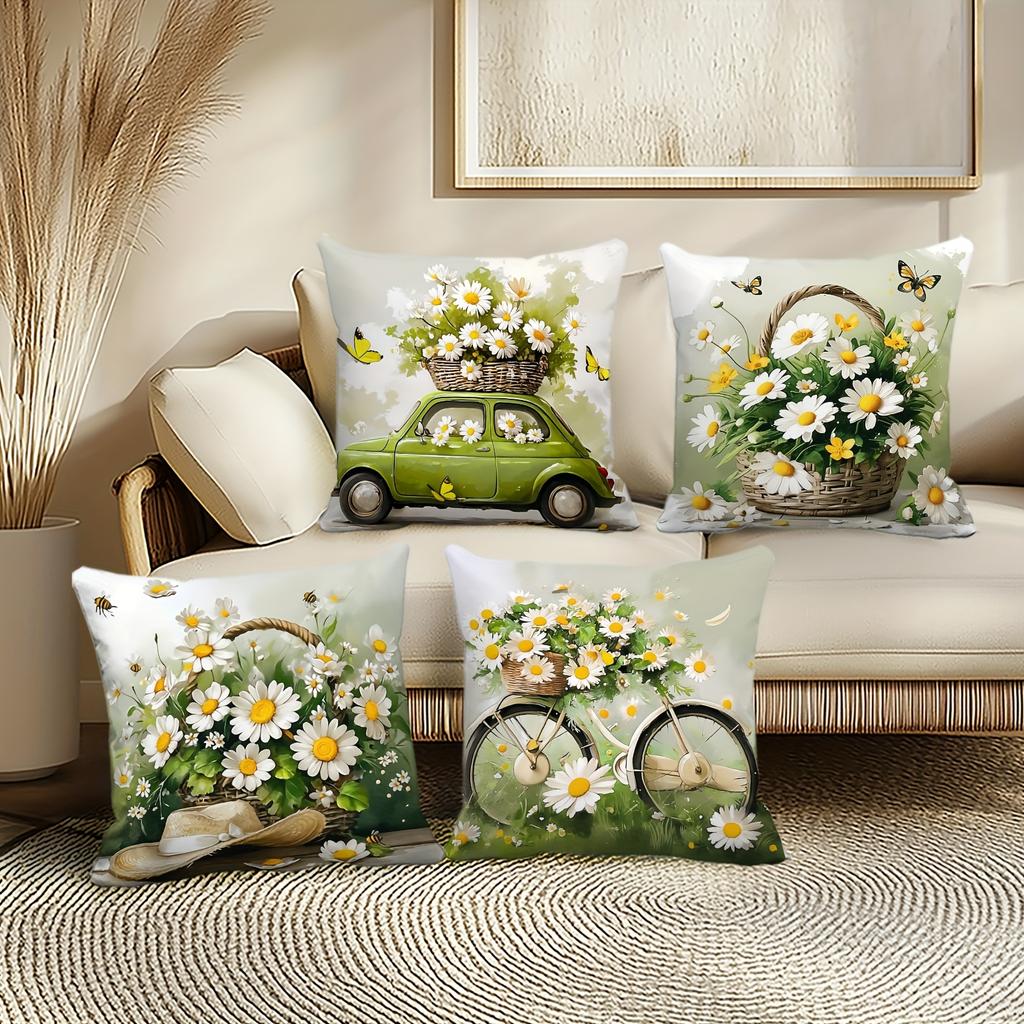 4Pcs Pillowcase Set, Pastoral Fresh Style, Green Tone, Daisy Theme, Wicker Basket, Butterfly, Vintage Green Car, Bicycle, Straw