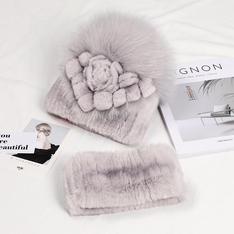 Real Rex Rabbit Fur Hat Women Winter Thickened Ear Protection Caps Knitted Scarf Hat Set Natural Fur Hat With Fox Fur Balls