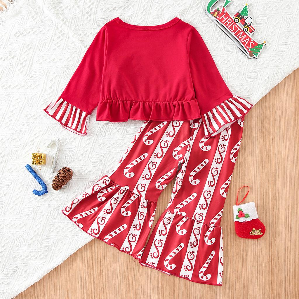 Christmas Kids Girls 2 Piece Outfit Spring Autumn Ruffle Flared Pants Fashion Set Striped Polka Dot For Baby Girl Holiday Valentine's Performance