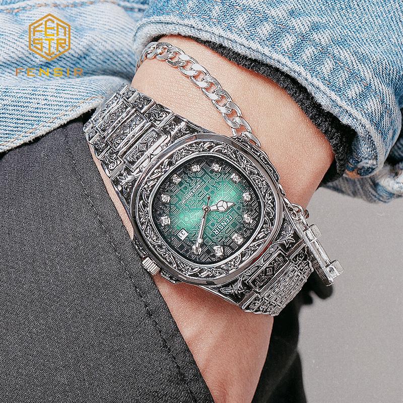 Весна 2025 Новые Мужские Роскошные Деловые Наручные часы из нержавеющей стали Винтажные Часы с кварцевым механизмом с резными узорами для мужчин Relogio