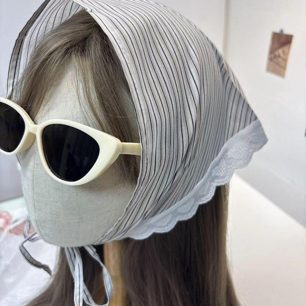 French Lace Triangle Scarf with Beige Floral Design, Retro Headscarf, Hairband, Bag Accent, and All-Match Ribbon Scarf