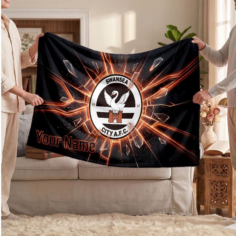 Swansea City FC Personalized Fleece Blanket With Football Logo, Custom Name Text Soft Warm Home Throw Blanket