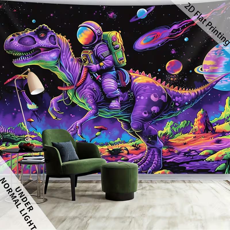 2D Glow in The Dark Astronaut Dinosaur Tapestry, Blacklight Outer Space Wall Hanging for Home Decoration