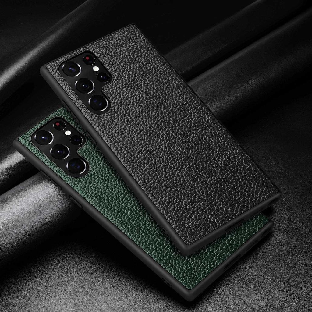 Lychee Pattern Genuine Cowhide Leather Case For Samsung Galaxy S25 Ultra S26 S24 Plus S23 S22 S21 Note 20 Ultra Protective Cover