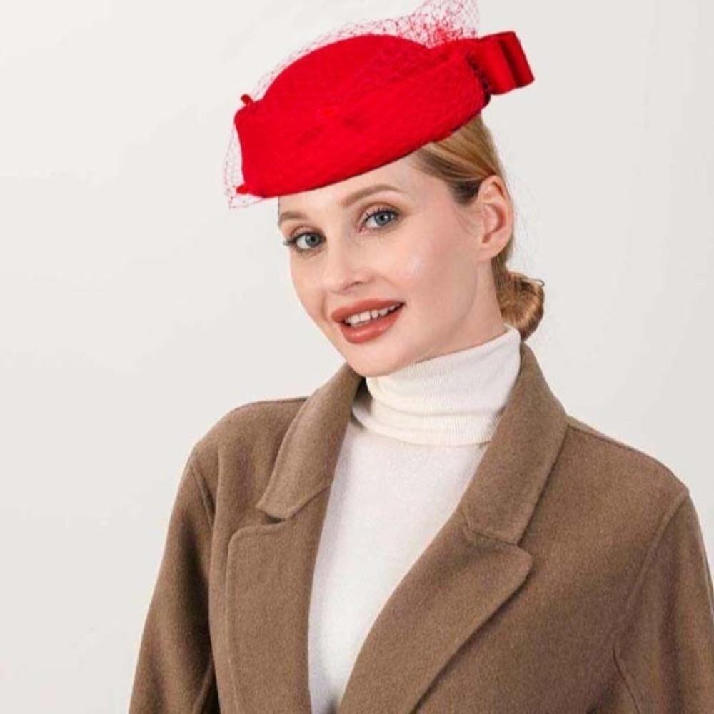 British Style Wool Bow Hat with Veil Solid Color Topper Hat Fashion Pillbox Hat Dinner