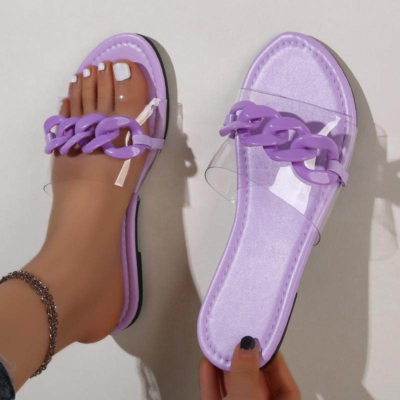 Новые тапочки женские сандалии модный дизайнер металлическая цепочка ПВХ сандалии на плоской подошве с круглым носком женские тапочки обувь