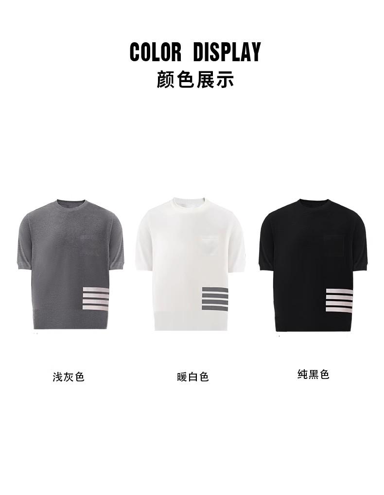 TB Unisex Summer T-Shirt Round Neck Versatile Classic Four Bar Knit Sweater Casual Base Top with Half Sleeves