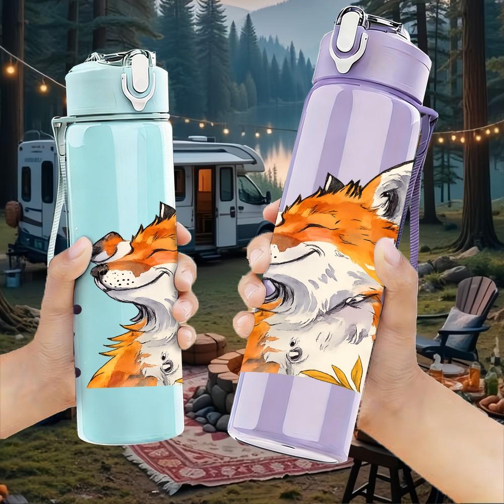 1PC Cute Fox Head Portrait Print 750ml Color Plastic Sports Water Bottle Leakproof Flip Straw Lid Suitable for Sports Office Home Use