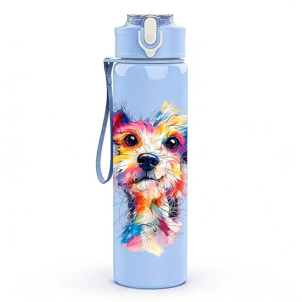 1PC Colorful Watercolor Dog Portrait Print 750ml Color Plastic Sports Water Bottle Leakproof Flip Straw Lid Suitable for Sports Office Home Use