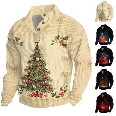 Мужская рождественская хлопковая рубашка-пуловер с длинным рукавом для активного отдыха, винтажная вельветовая рубашка с воротником-стойкой и пуговицами, повседневная толстовка с рождественским принтом