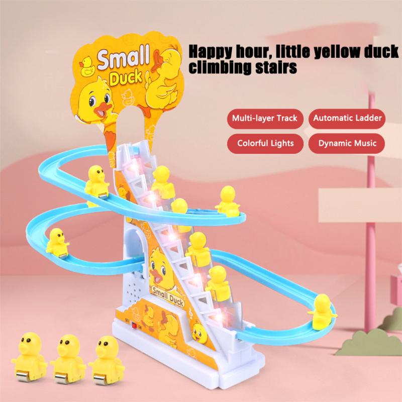 Little Yellow Duck Climb Stairs Toy Electric Track Slide Stairs Roller Coaster Toy With Led Lights