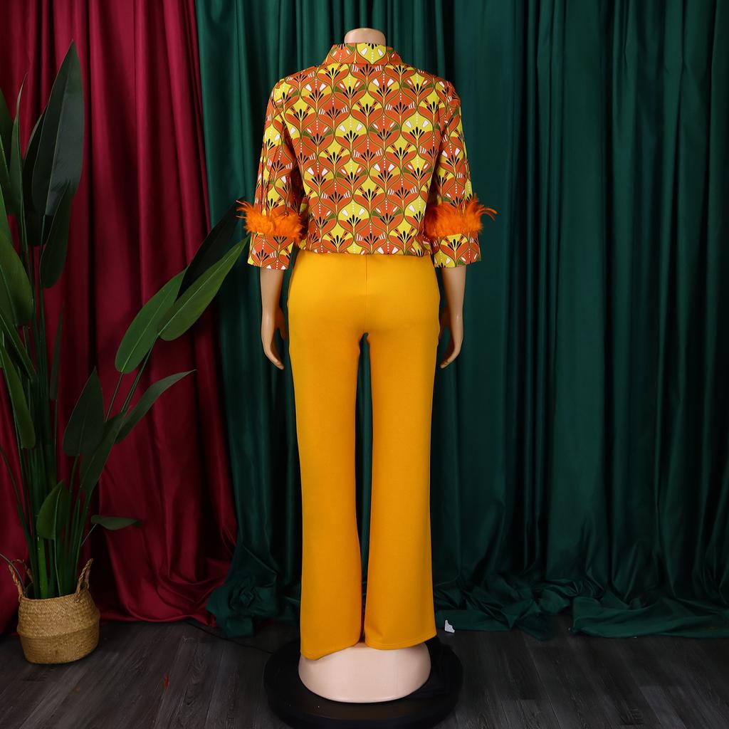 YYFS Женская мода повседневная весна осень цветные блоки принт длинный рукав поло воротник блузки и рубашки брюки костюмы