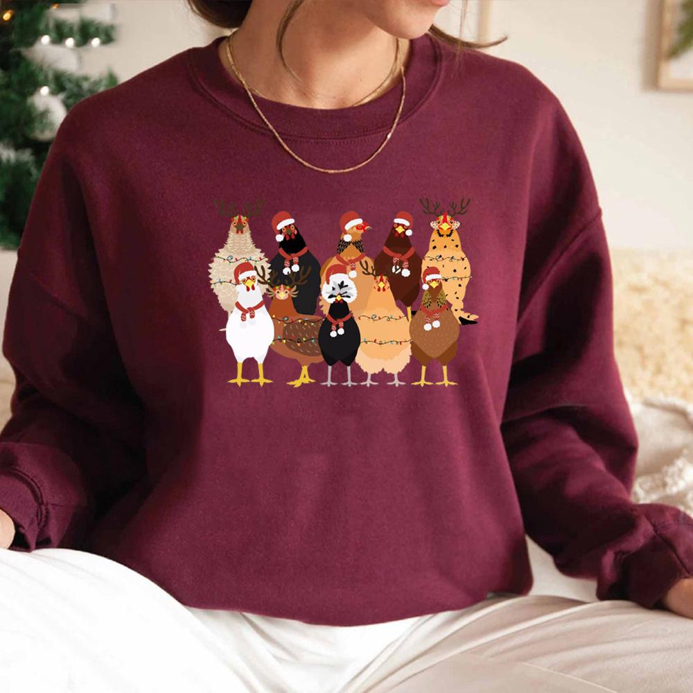 Christmas Chickens Sweatshirt Christmas Farm Animals Sweatshirts Women's Christmas Chicken Sweatshirt Long Sleeve Pullover