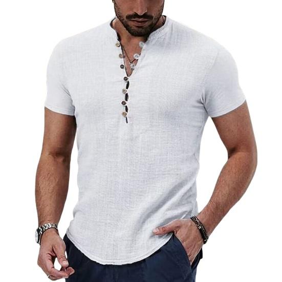 Men's Cotton Linen Shirt Casual Button Top Loose Fit Short Sleeve T-shirt Breathable Summer Clothes for Daily Wear