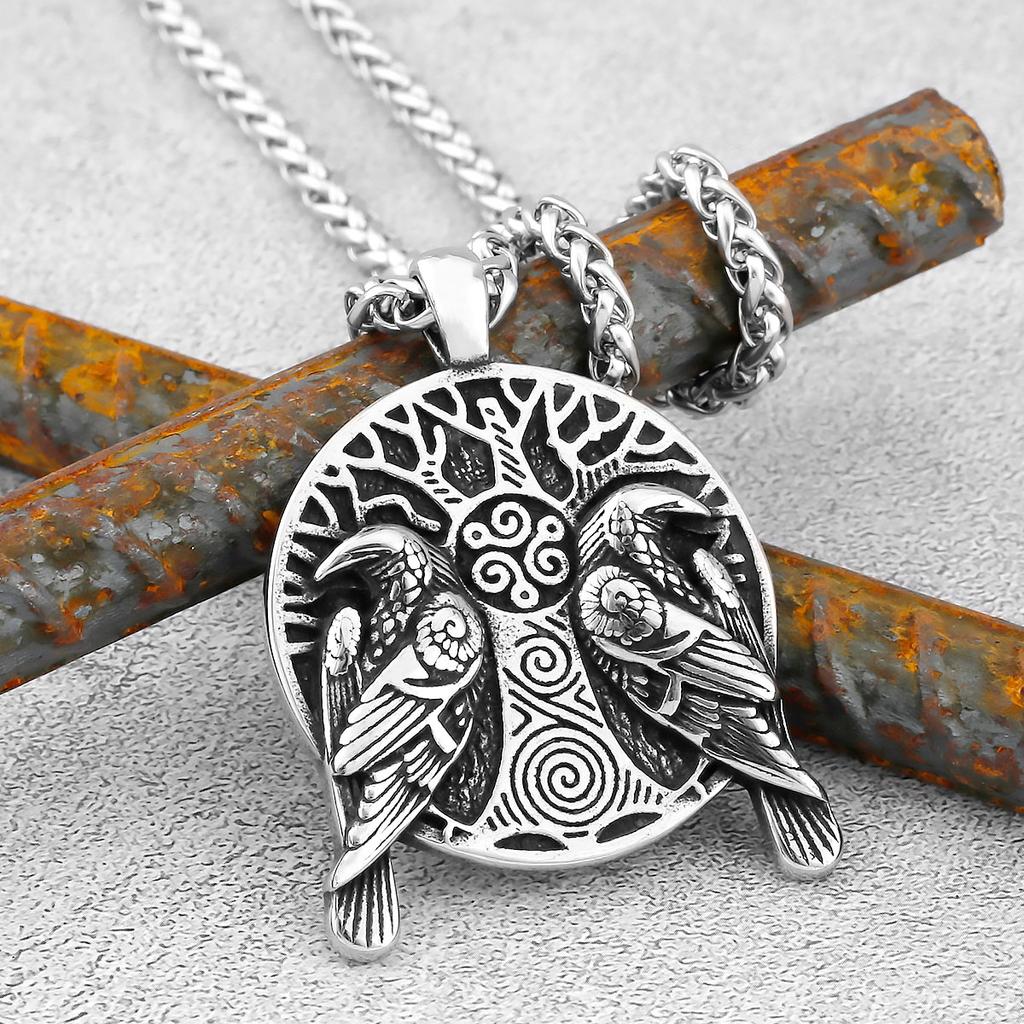 Nordic Odin Crow Skull Pendant Necklace Gothic Stainless Steel Raven Skull Compass Rune Necklace for Men Punk Jewelry