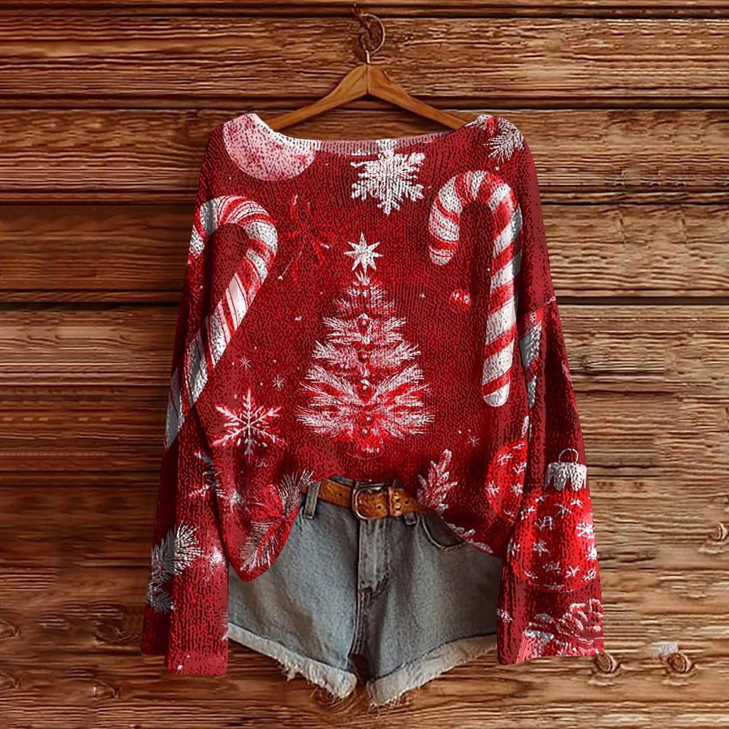 Women's Christmas Print Lightweight Sweater Casual Long Sleeve Knitted Pullover