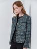 Maxza Glittering Leather Contrast Quilted Lined Tweed Wool Jacket (Blue)