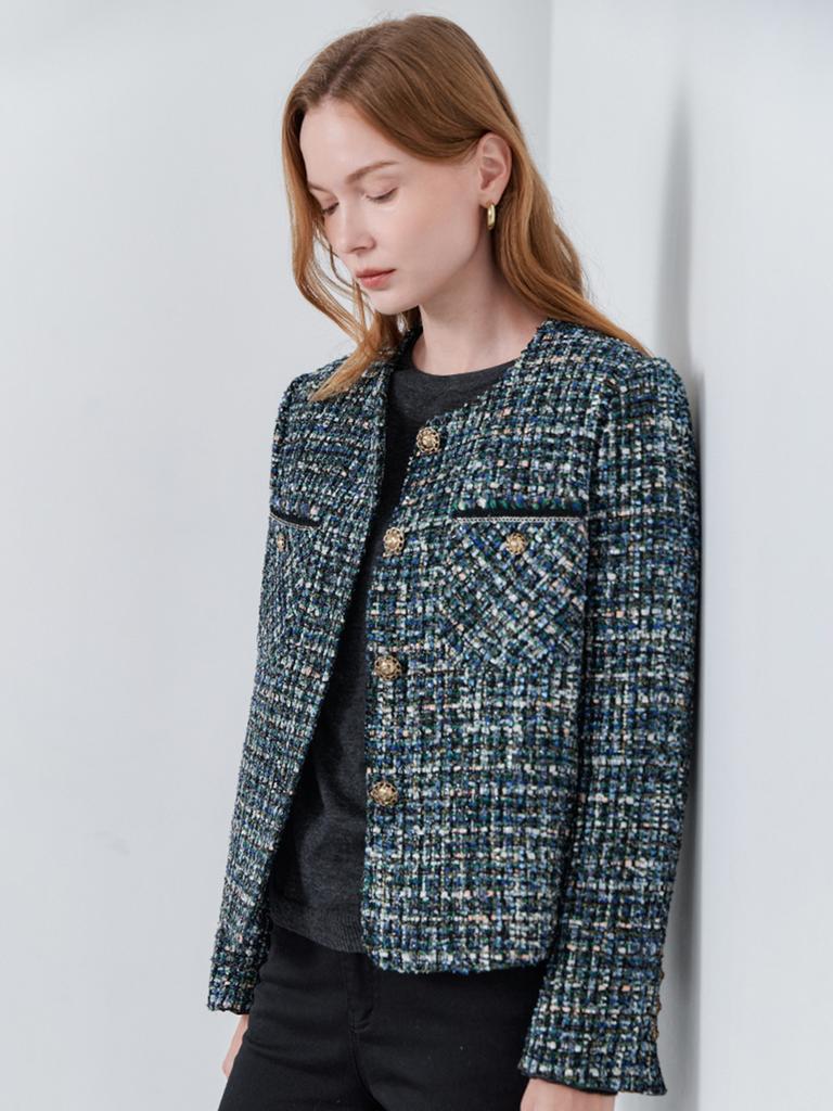 Maxza Glittering Leather Contrast Quilted Lined Tweed Wool Jacket (Blue)
