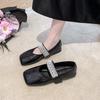 Flat Shoes with One Buckle Strap Autumn New Square Toe Shallow Mouth Rhinestone Soft Sole Non-slip Wear-resistant Single Shoes
