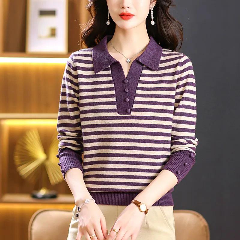 Stylish Women's Lapel Knit Sweater - Spring/Autumn Short Pullover for Middle-aged
