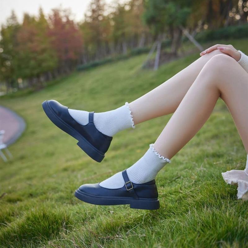 Японская женская мода Носки до щиколотки с оборками и отворотными манжетами Повседневные Дышащие Рифленые Хлопковые Носки с Оборками