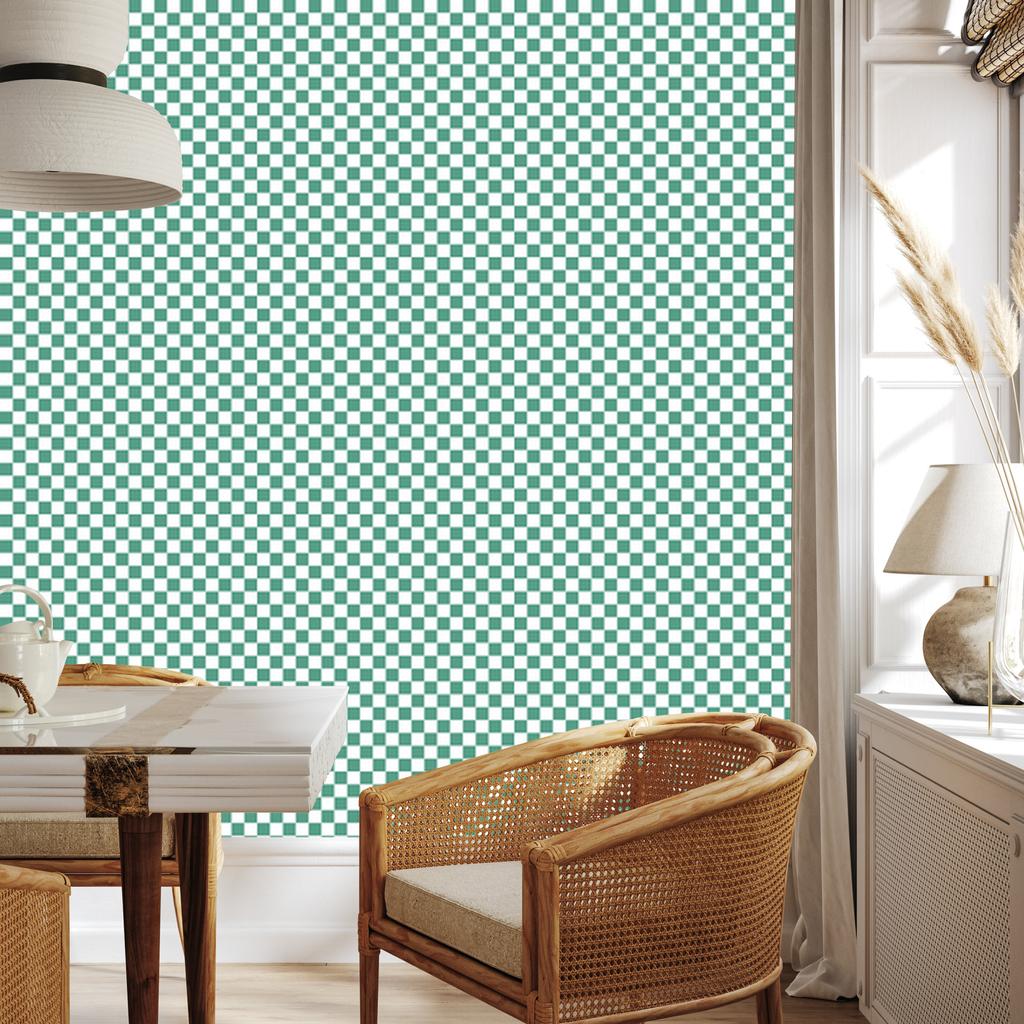 Checkerboard wallpaper in teal, white, mint and light gray 50x1000