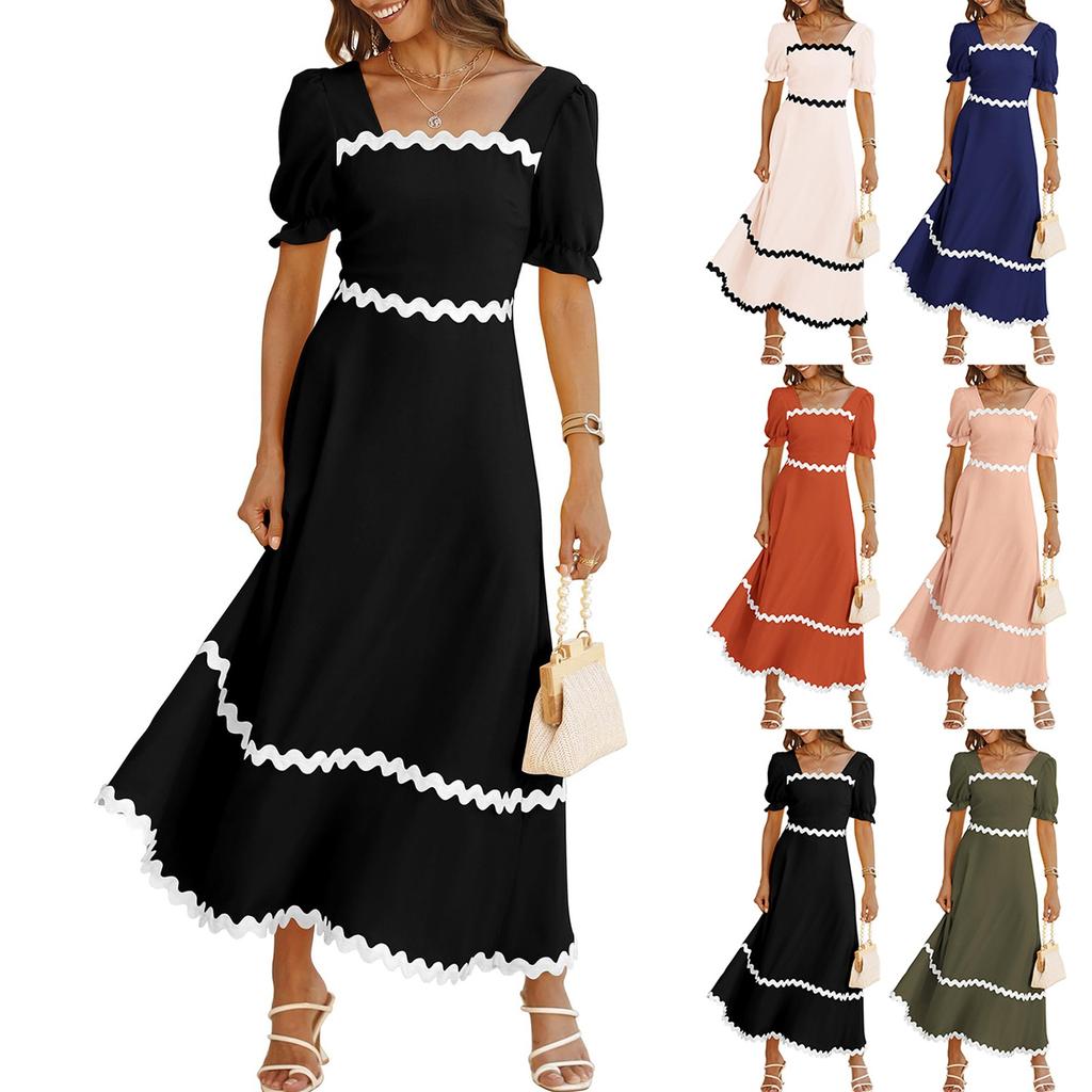 Women's Solid Color Square Neck Short Puff Sleeve Dress Casual Tie Back Smocked A Line Flowy Bubble Sleeve Dresses
