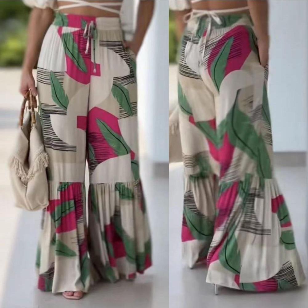 Women's Printed Elastic Waist Patchwork Long Wide Leg Trousers