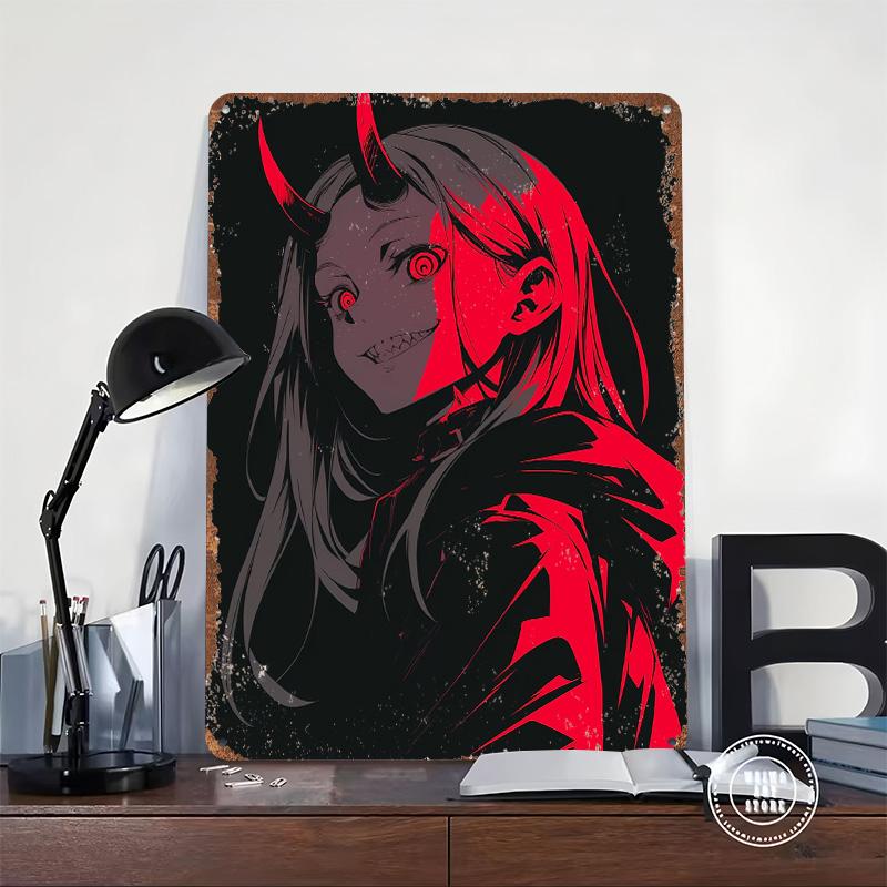 Anime Girl With Horns and Red Eyes Metal Poster Customized Wall Art Retro Vintage Tinplate Signs for Setup Decorations Man Cave