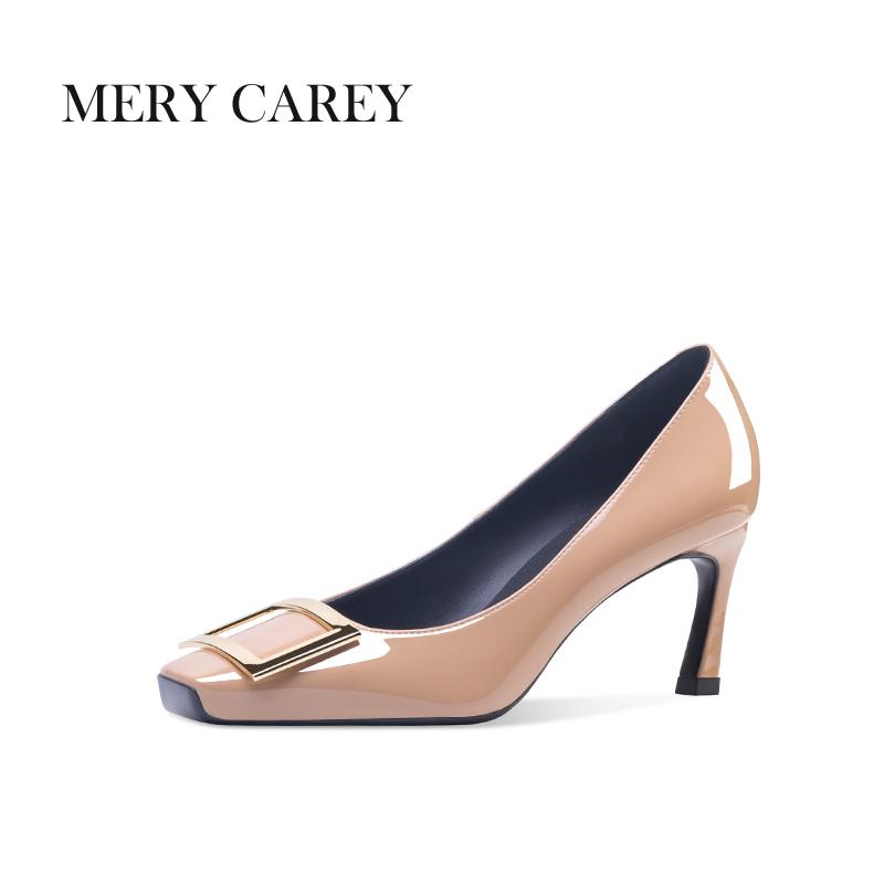 Роскошные кожаные туфли на высоком каблуке для женщин 2024 года, новые летние туфли-лодочки с квадратным носком и французским темпераментом для офиса, телесные туфли для девочек