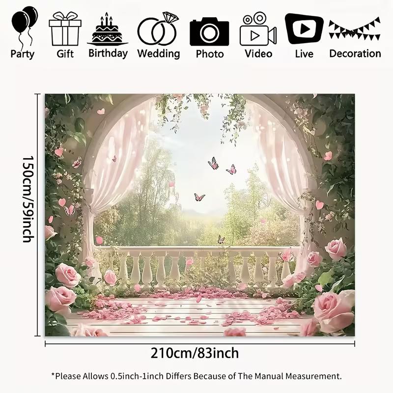 Pink Rose Balcony Tapestry, Romantic Floral Butterfly Background Cloth, Wedding Party Backdrop