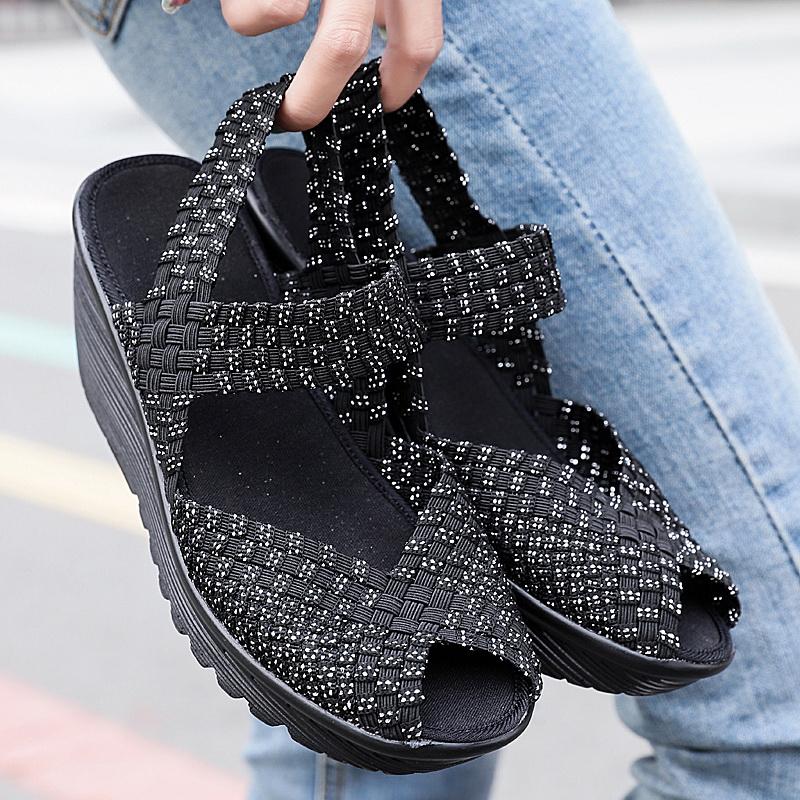 Женские летние сандалии на танкетке, увеличивающие рост, плетеные, пляжные, женские сандалии на танкетке, серые, на платформе, с открытым носком