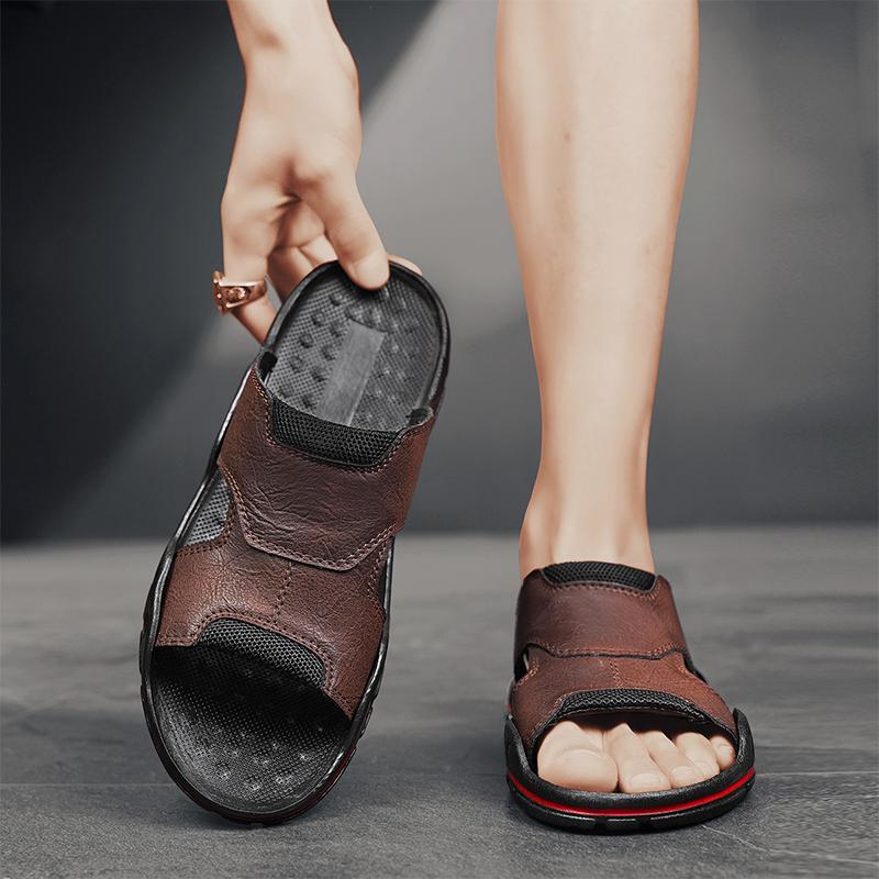 Men Slippers Wide Palm Outdoor Summer Black Brown Flats Sandals Open Toe Beach Shoes for Father Plus Size