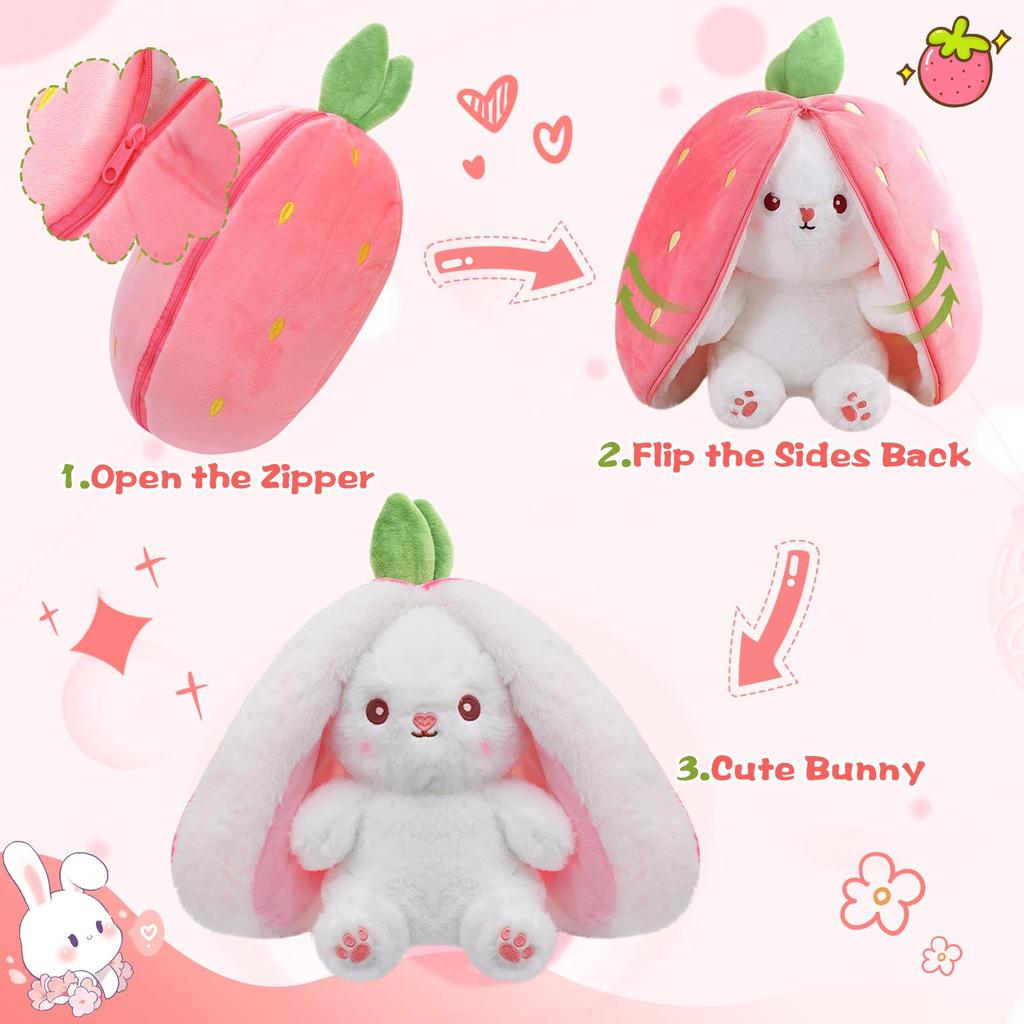 35cm Large Easter Bunny Stuffed Animal, Kawaii Squishy Cute Easter Bunny Plush Turn Into Rabbit Fruit Doll Carrot Strawberry Pillow